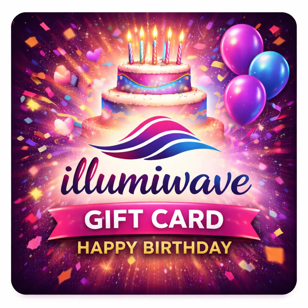 Illumiwave - Unique Birthday Gift Card Surprise with birthday cake and festive balloons.