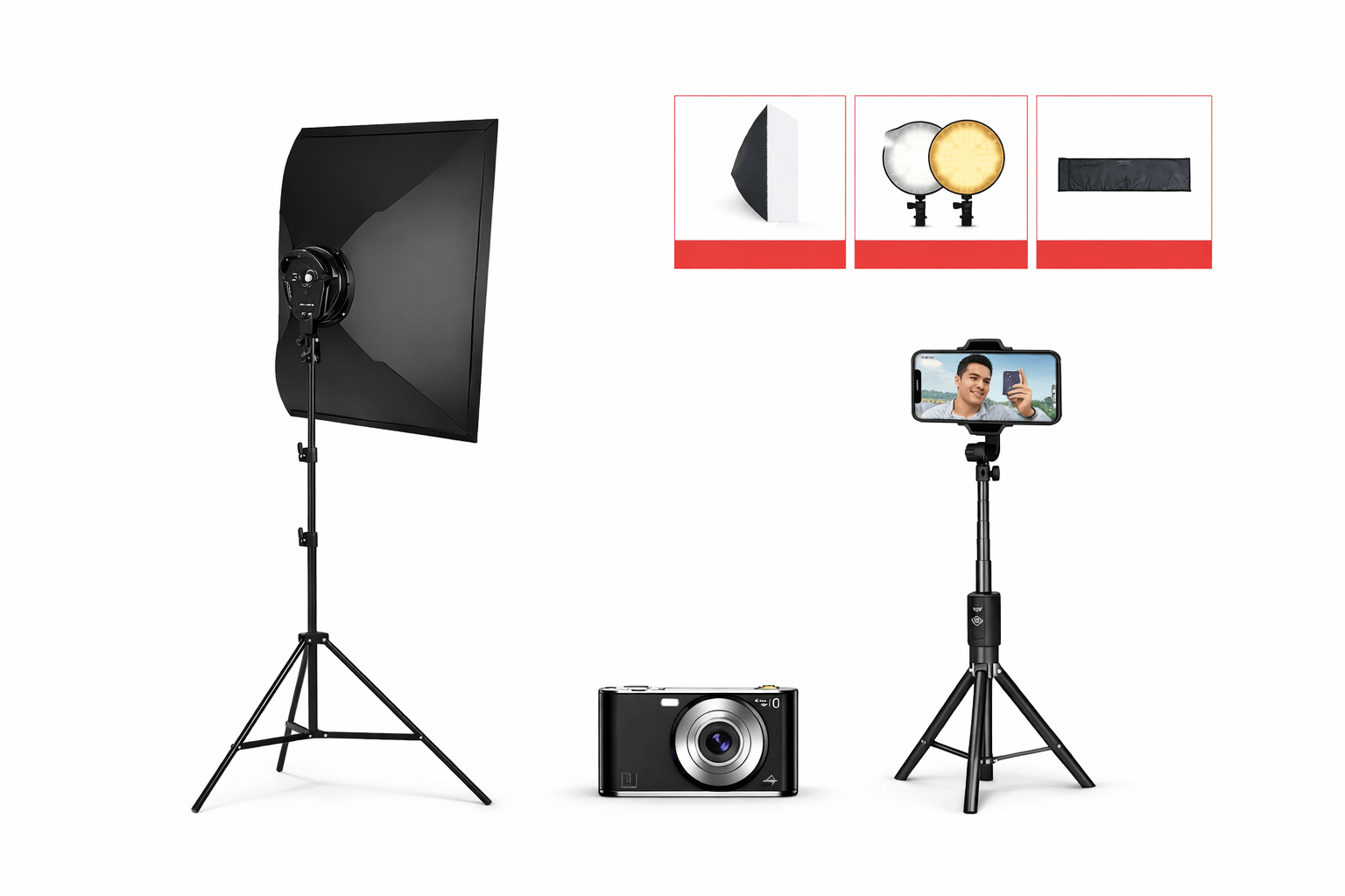 Influencer Bundle includes lighting kit, camera, and smartphone tripod for professional-quality content creation.