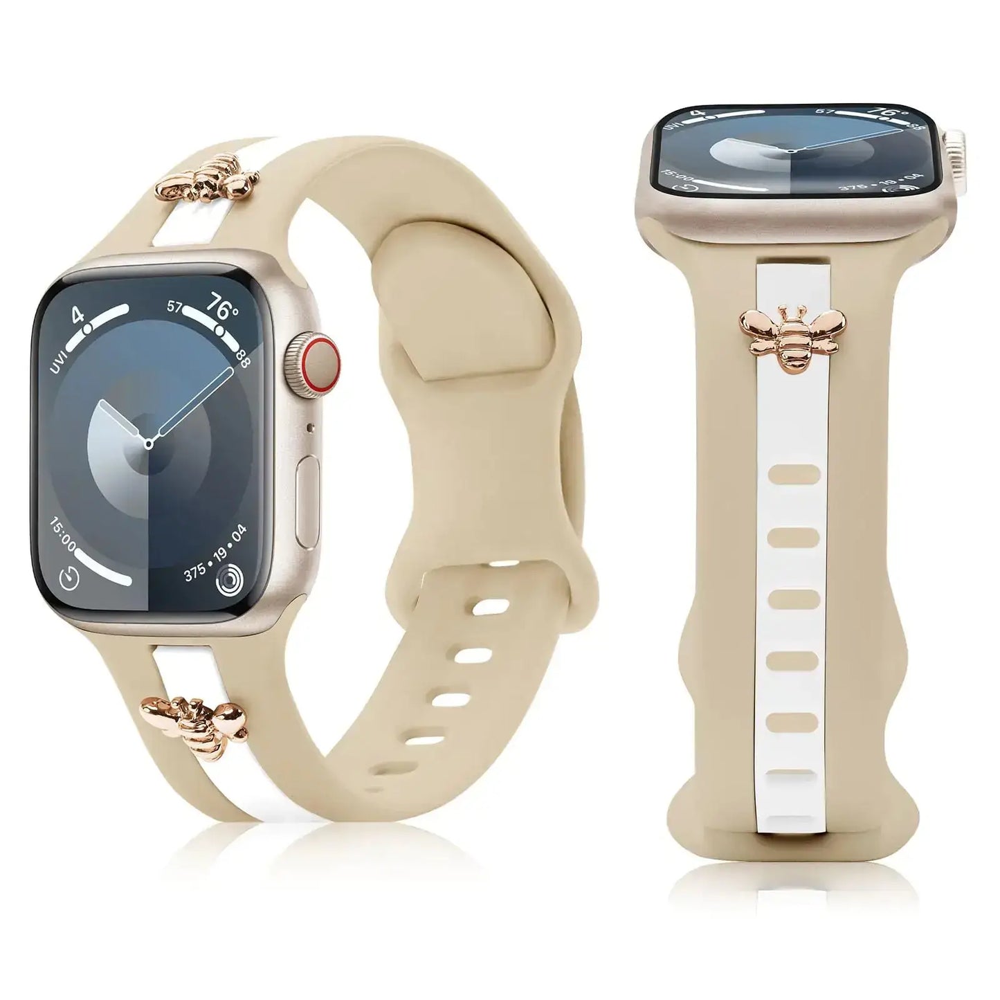 Silicone Strap for Apple Watch Bands 40mm 38mm 41mm, Stylish Bracelet with Gold Honey Bee Charms for iWatch Series 10(42mm) 9 8 7 6 5 4 3 SE, Designer Sport Wristbands for Apple Watch Bands Gray White IllumiWave