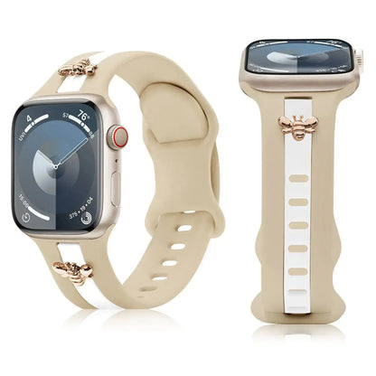 Silicone Strap for Apple Watch Bands 40mm 38mm 41mm, Stylish Bracelet with Gold Honey Bee Charms for iWatch Series 10(42mm) 9 8 7 6 5 4 3 SE, Designer Sport Wristbands for Apple Watch Bands Gray White IllumiWave