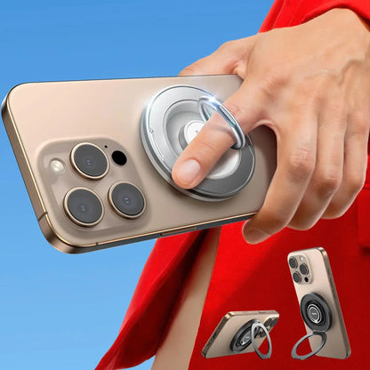illumiwave Magnetic Phone Grip Stand with dual 360 rotation ring in use on a smartphone, showcasing its design and functionality.