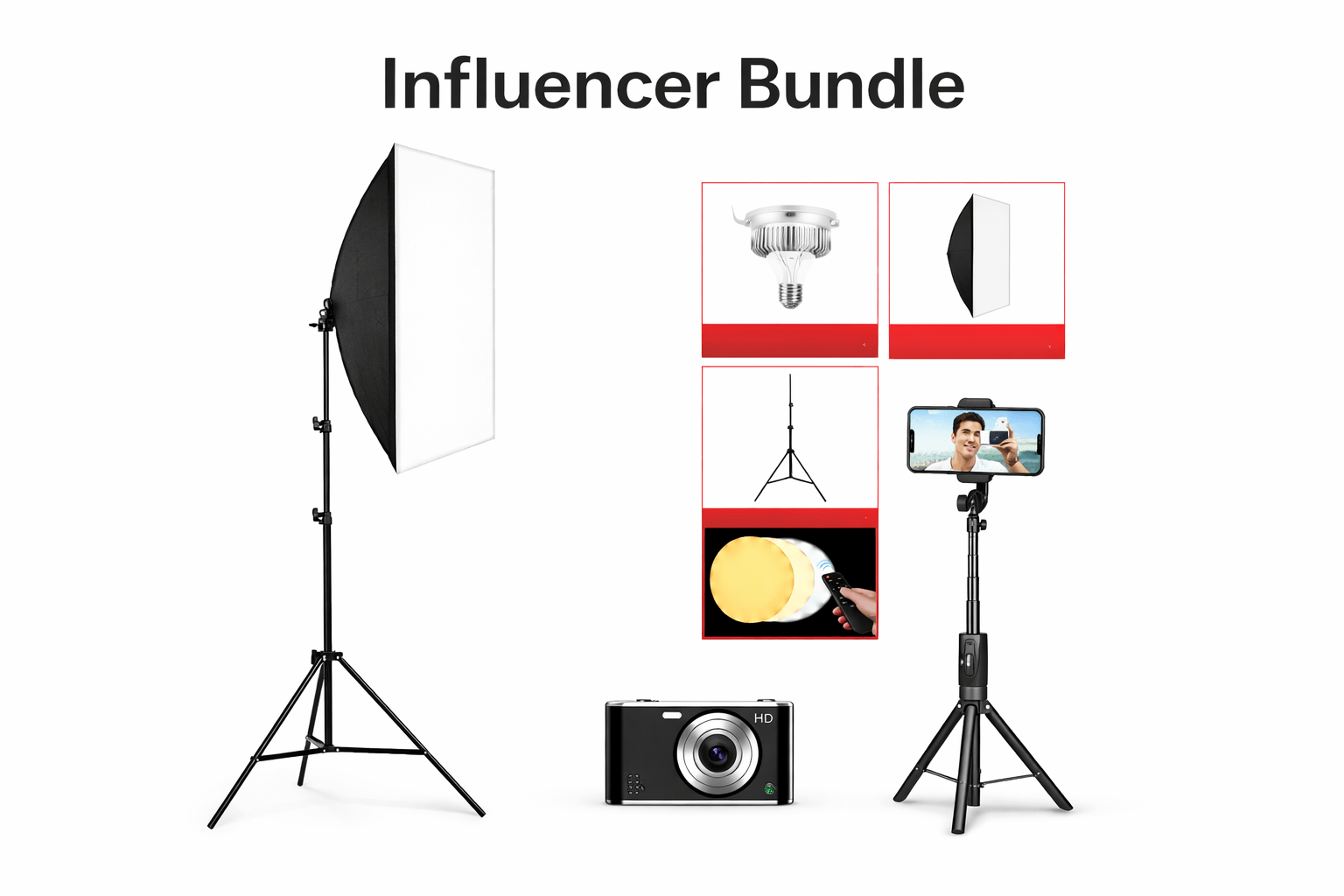 Influencer Bundle featuring lighting, camera, and smartphone setup for high-quality content creation.