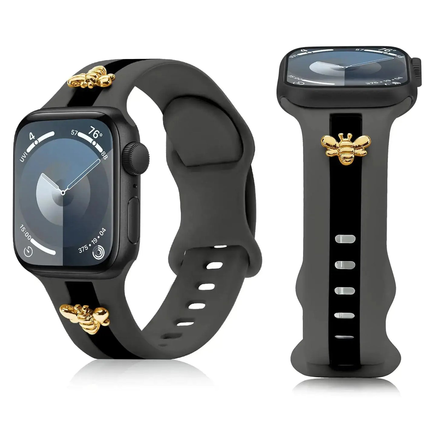 Silicone Strap for Apple Watch Bands 40mm 38mm 41mm, Stylish Bracelet with Gold Honey Bee Charms for iWatch Series 10(42mm) 9 8 7 6 5 4 3 SE, Designer Sport Wristbands for Apple Watch Bands Gray White IllumiWave