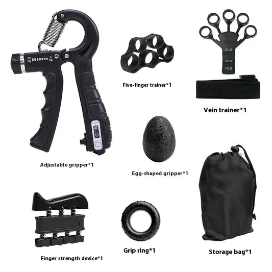Illumiwave Grip Strengthener - 7 Pack Adjustable Resistance components including adjustable gripper, five-finger trainer, storage bag