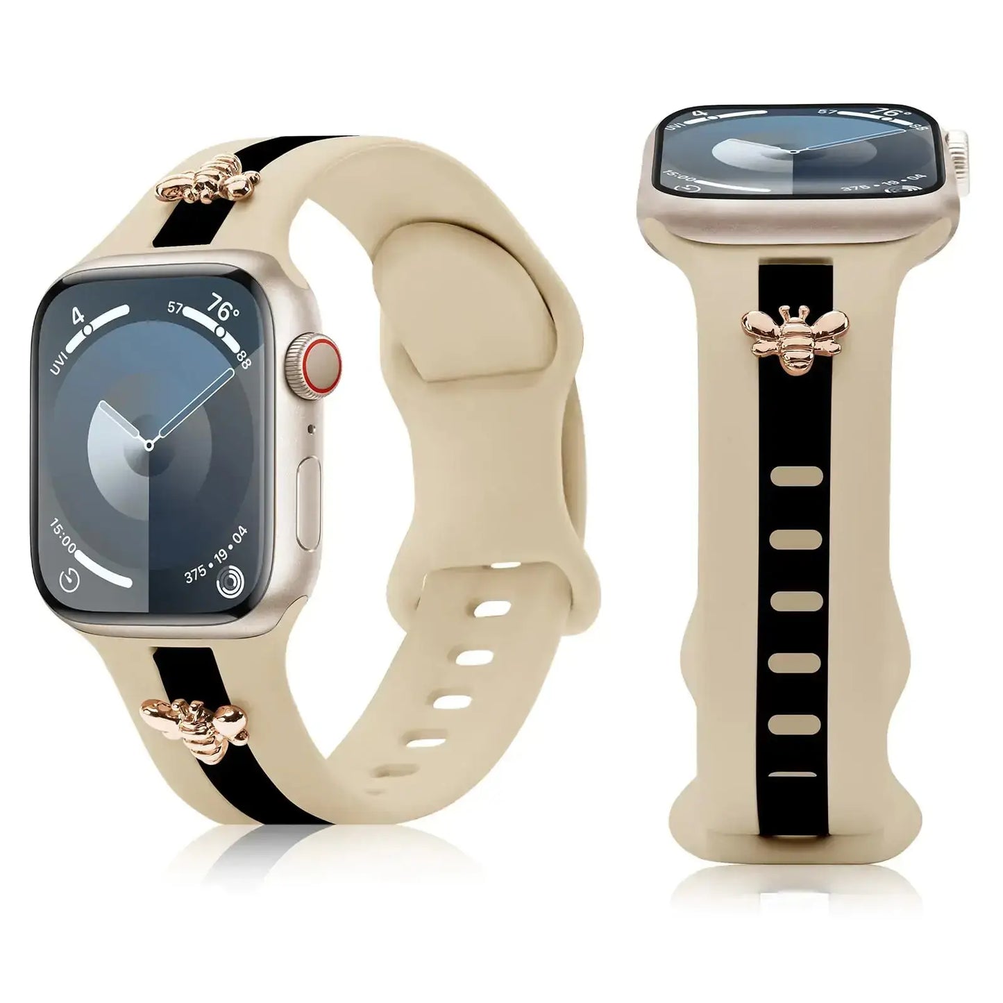Silicone Strap for Apple Watch Bands 40mm 38mm 41mm, Stylish Bracelet with Gold Honey Bee Charms for iWatch Series 10(42mm) 9 8 7 6 5 4 3 SE, Designer Sport Wristbands for Apple Watch Bands Gray White IllumiWave
