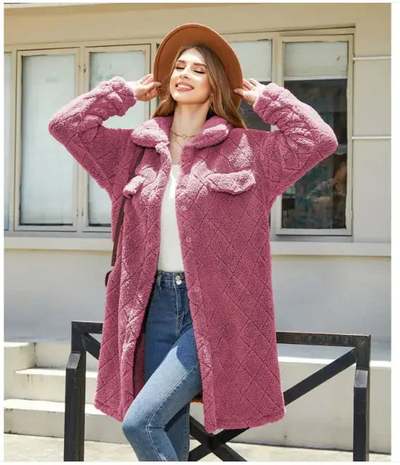 Women's Plush Diamond-Button Loose Overcoat - IllumiWaveWomen's Plush Diamond-Button Loose Overcoat IllumiWave