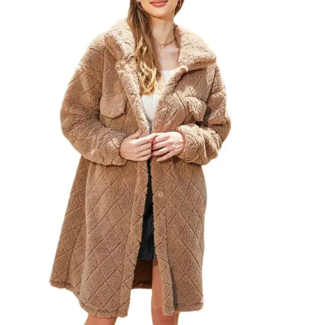 Women's Plush Diamond-Button Loose Overcoat - IllumiWaveWomen's Plush Diamond-Button Loose Overcoat IllumiWave