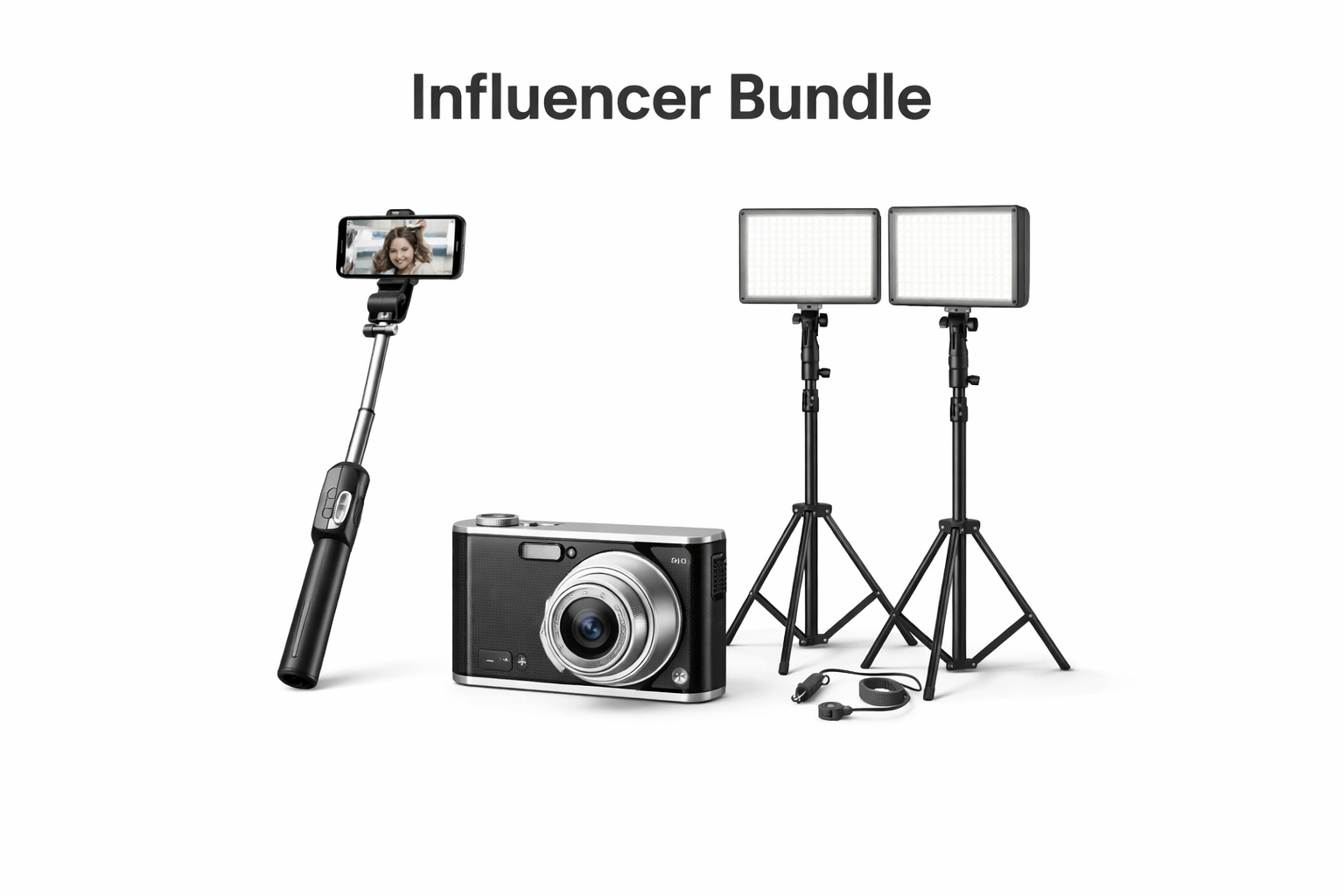 Influencer Bundle includes a camera, lights, and a selfie stick for creating professional-grade content.