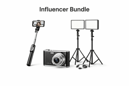 Influencer Bundle includes a camera, lights, and a selfie stick for creating professional-grade content.