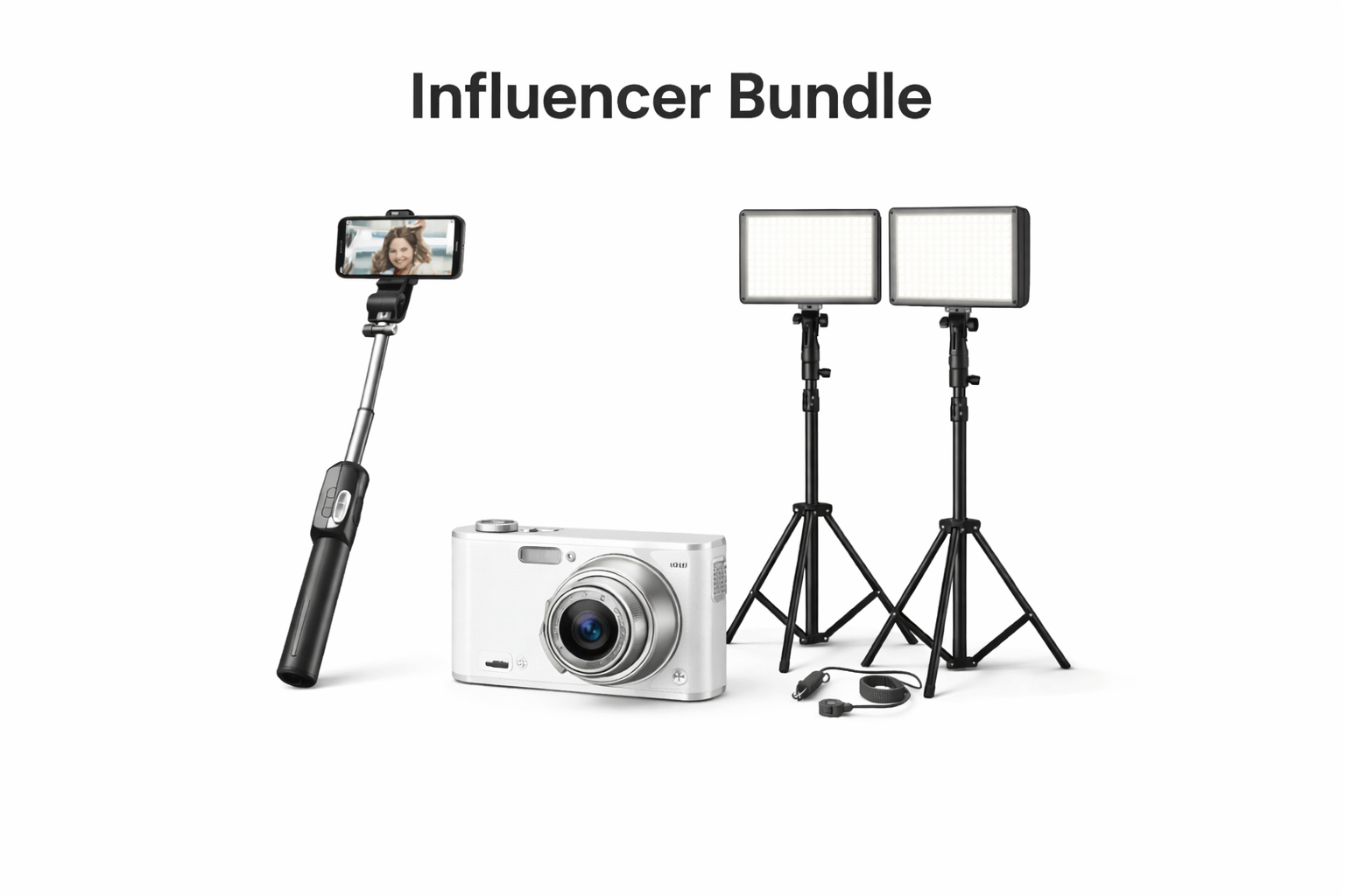 Influencer Bundle featuring a camera, lights, and a selfie stick for content creators.