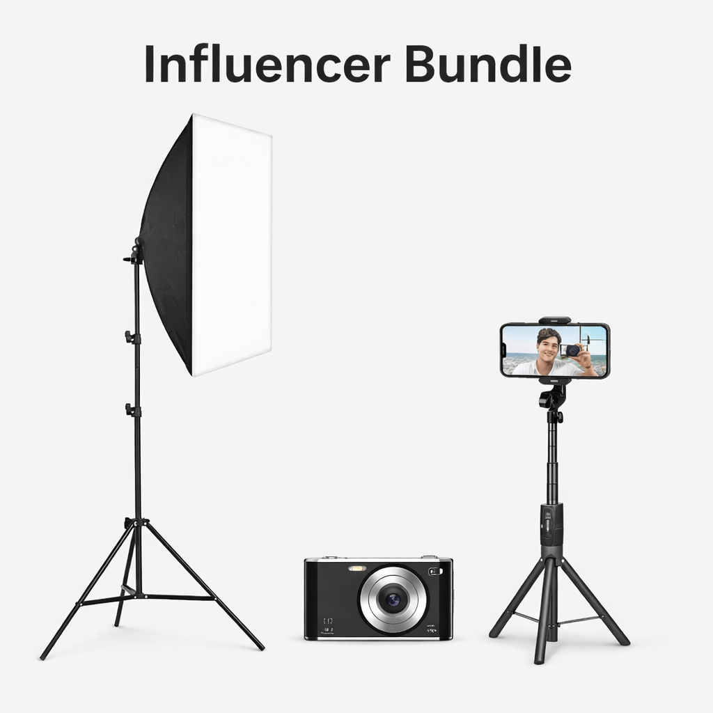 Influencer Bundle showcasing a softbox light, camera, and smartphone tripod for content creators.
