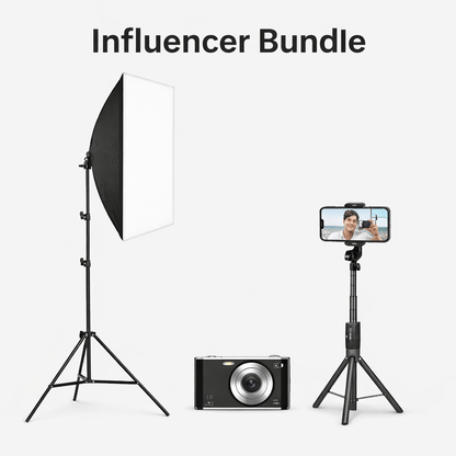 Influencer Bundle showcasing a softbox light, camera, and smartphone tripod for content creators.