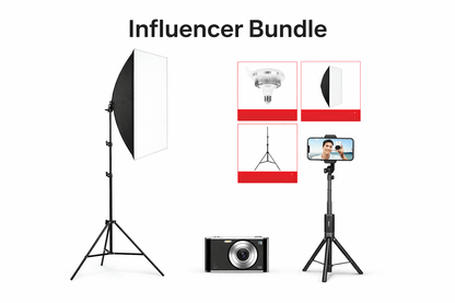 Influencer Bundle featuring lighting equipment, a camera, and smartphone holder for creating professional content.