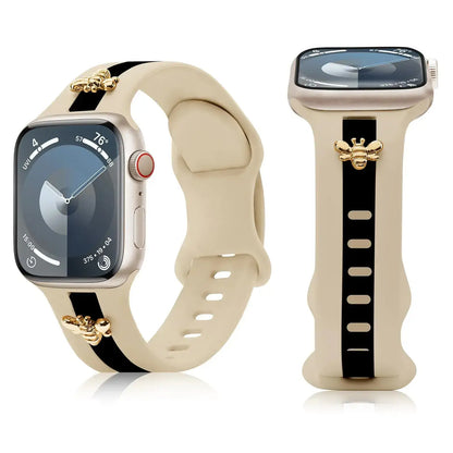 Silicone Strap for Apple Watch Bands 40mm 38mm 41mm, Stylish Bracelet with Gold Honey Bee Charms for iWatch Series 10(42mm) 9 8 7 6 5 4 3 SE, Designer Sport Wristbands for Apple Watch Bands Gray White IllumiWave