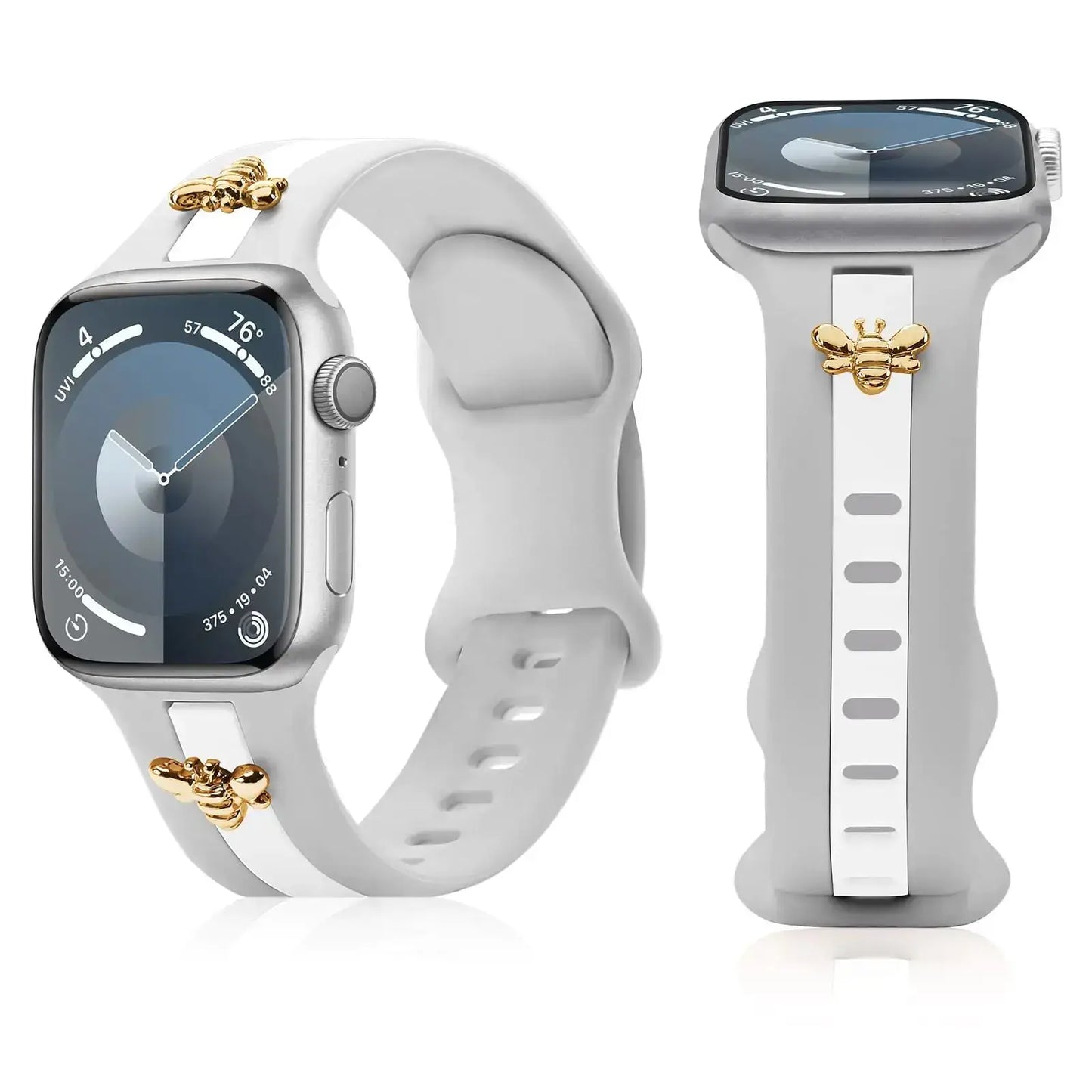 Silicone Strap for Apple Watch Bands 40mm 38mm 41mm, Stylish Bracelet with Gold Honey Bee Charms for iWatch Series 10(42mm) 9 8 7 6 5 4 3 SE, Designer Sport Wristbands for Apple Watch Bands Gray White IllumiWave