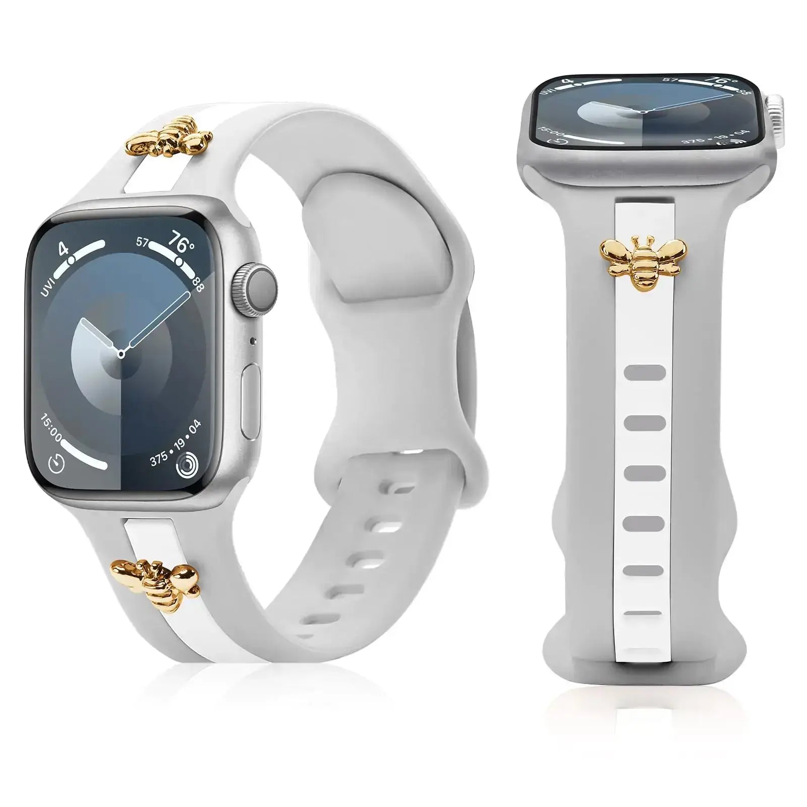 Silicone Strap for Apple Watch Bands 40mm 38mm 41mm, Stylish Bracelet with Gold Honey Bee Charms for iWatch Series 10(42mm) 9 8 7 6 5 4 3 SE, Designer Sport Wristbands for Apple Watch Bands Gray White IllumiWave