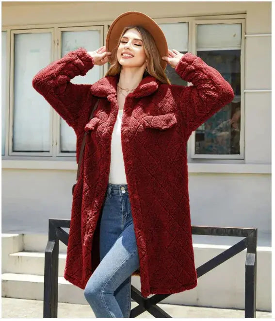 Women's Plush Diamond-Button Loose Overcoat - IllumiWaveWomen's Plush Diamond-Button Loose Overcoat IllumiWave