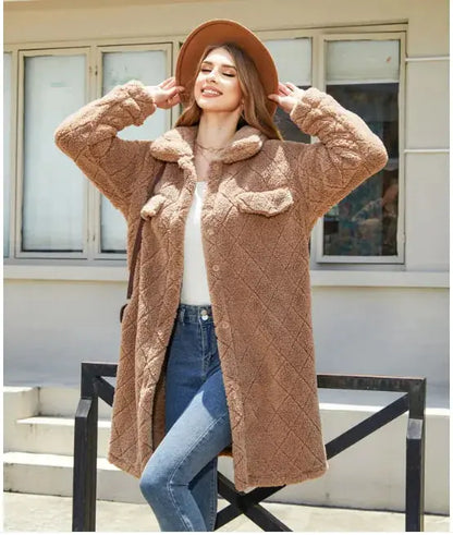 Women's Plush Diamond-Button Loose Overcoat - IllumiWaveWomen's Plush Diamond-Button Loose Overcoat IllumiWave