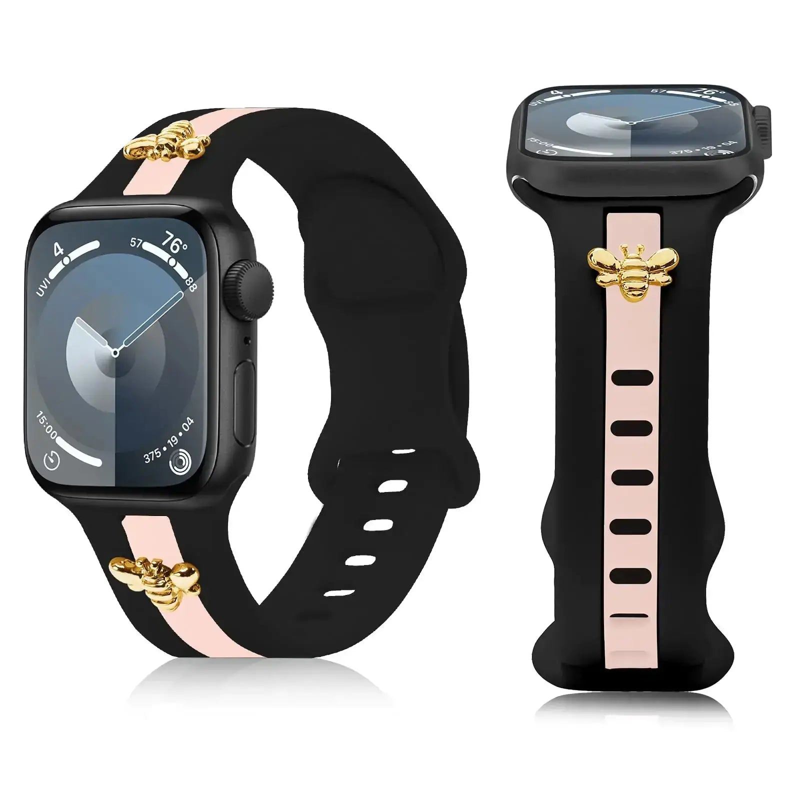 Silicone Strap for Apple Watch Bands 40mm 38mm 41mm, Stylish Bracelet with Gold Honey Bee Charms for iWatch Series 10(42mm) 9 8 7 6 5 4 3 SE, Designer Sport Wristbands for Apple Watch Bands Gray White IllumiWave