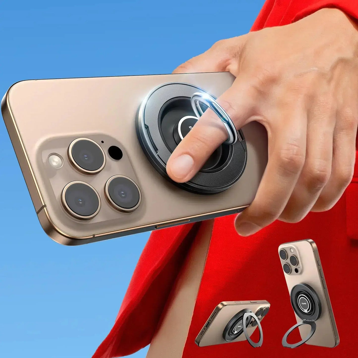 illumiwave Magnetic Phone Grip Stand displayed on a smartphone with a hand using the upgraded dual 360 rotation ring.
