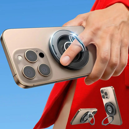 illumiwave Magnetic Phone Grip Stand displayed on a smartphone with a hand using the upgraded dual 360 rotation ring.