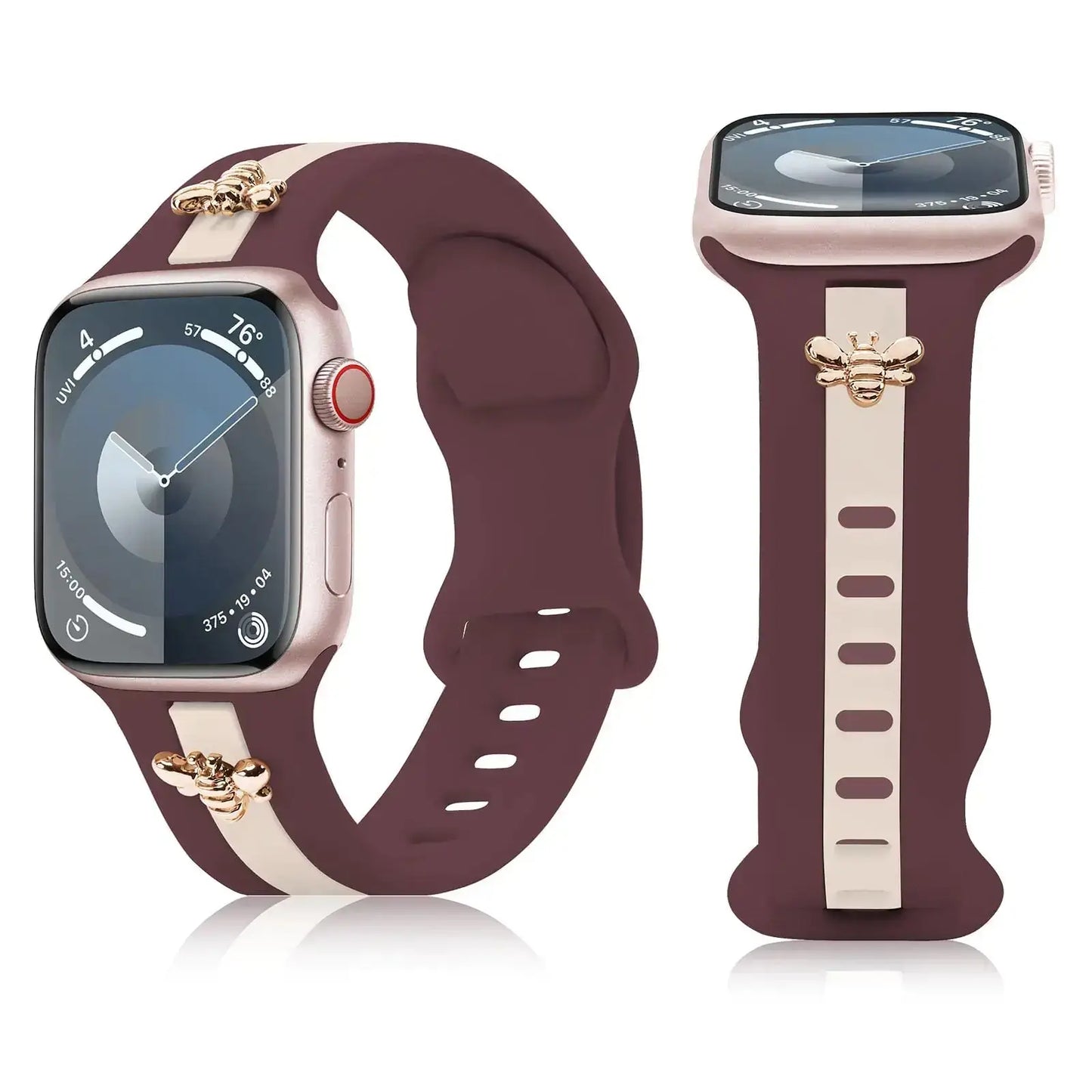 Silicone Strap for Apple Watch Bands 40mm 38mm 41mm, Stylish Bracelet with Gold Honey Bee Charms for iWatch Series 10(42mm) 9 8 7 6 5 4 3 SE, Designer Sport Wristbands for Apple Watch Bands Gray White IllumiWave