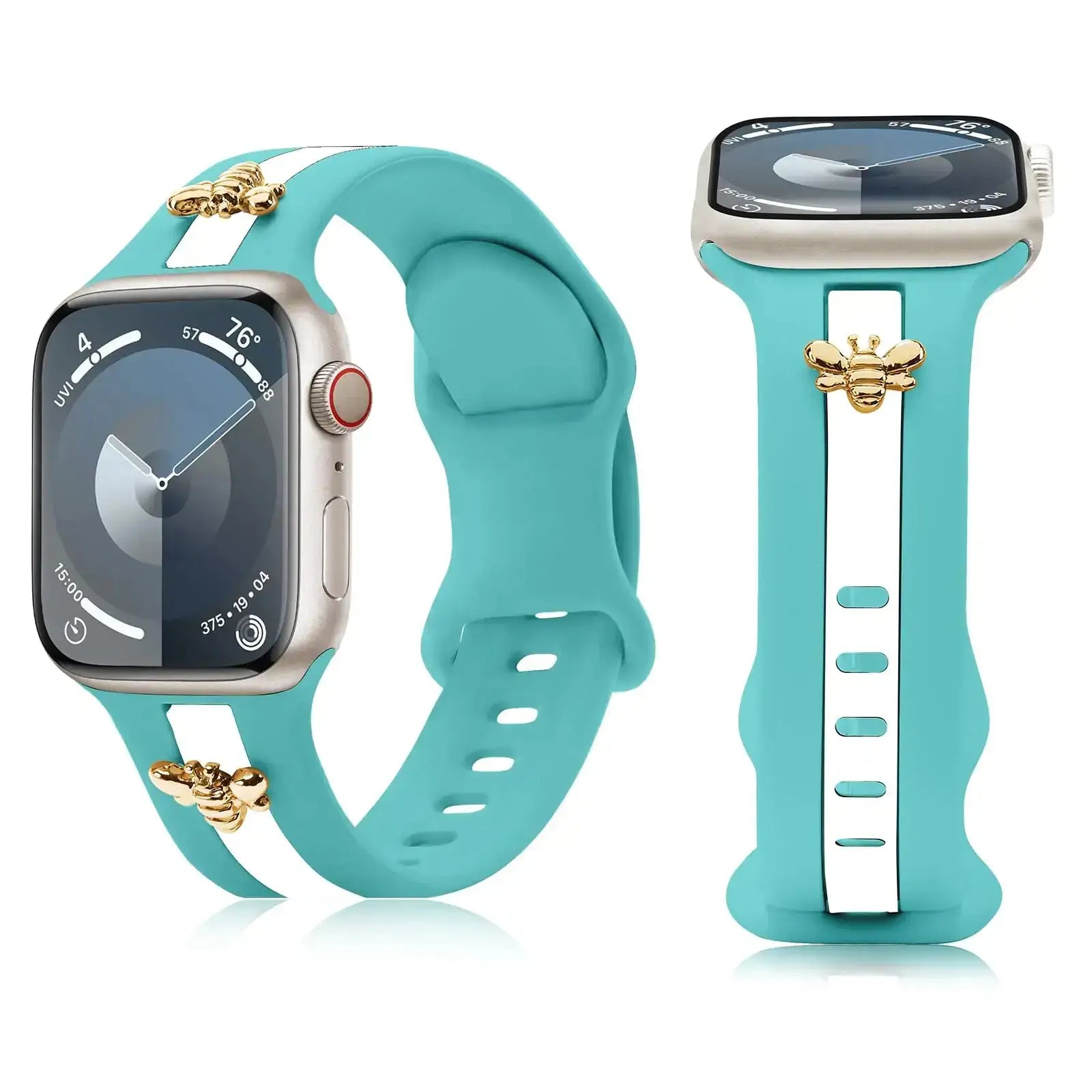 Silicone Strap for Apple Watch Bands 40mm 38mm 41mm, Stylish Bracelet with Gold Honey Bee Charms for iWatch Series 10(42mm) 9 8 7 6 5 4 3 SE, Designer Sport Wristbands for Apple Watch Bands Gray White IllumiWave