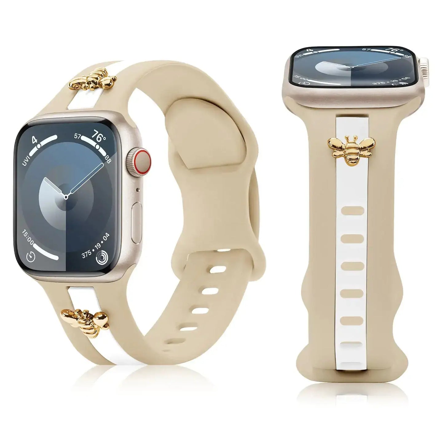 Silicone Strap for Apple Watch Bands 40mm 38mm 41mm, Stylish Bracelet with Gold Honey Bee Charms for iWatch Series 10(42mm) 9 8 7 6 5 4 3 SE, Designer Sport Wristbands for Apple Watch Bands Gray White IllumiWave