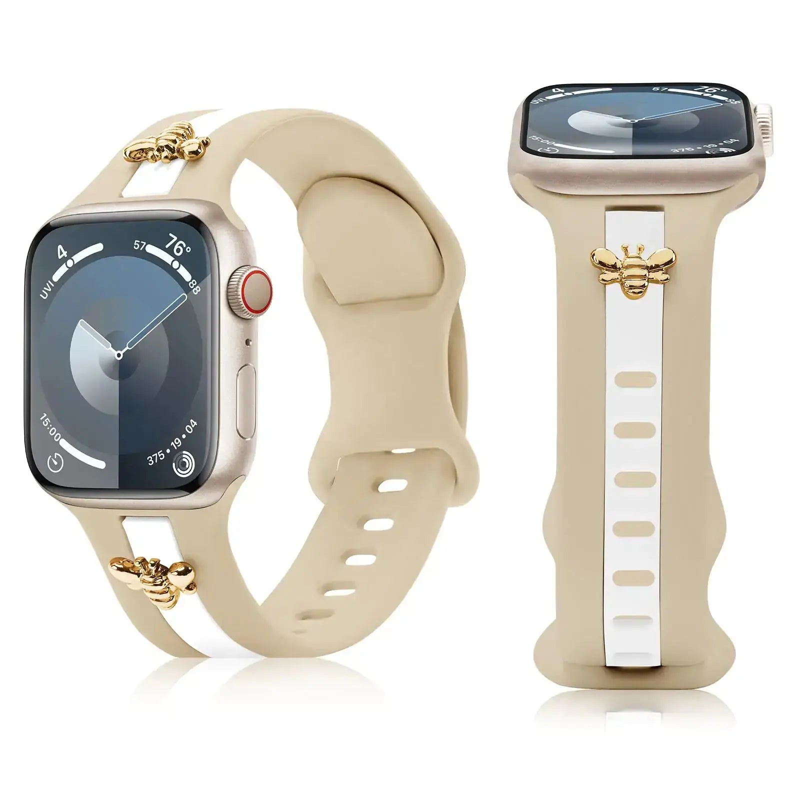 Silicone Strap for Apple Watch Bands 40mm 38mm 41mm, Stylish Bracelet with Gold Honey Bee Charms for iWatch Series 10(42mm) 9 8 7 6 5 4 3 SE, Designer Sport Wristbands for Apple Watch Bands Gray White IllumiWave