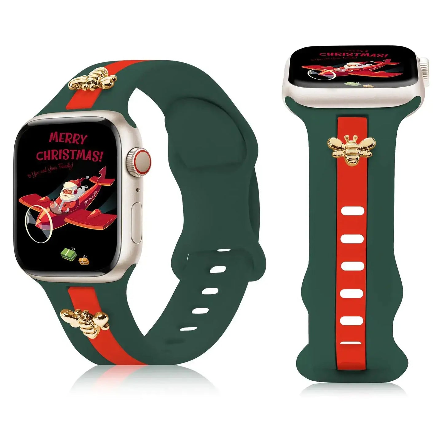 Silicone Strap for Apple Watch Bands 40mm 38mm 41mm, Stylish Bracelet with Gold Honey Bee Charms for iWatch Series 10(42mm) 9 8 7 6 5 4 3 SE, Designer Sport Wristbands for Apple Watch Bands Gray White IllumiWave