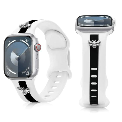 Silicone Strap for Apple Watch Bands 40mm 38mm 41mm, Stylish Bracelet with Gold Honey Bee Charms for iWatch Series 10(42mm) 9 8 7 6 5 4 3 SE, Designer Sport Wristbands for Apple Watch Bands Gray White IllumiWave