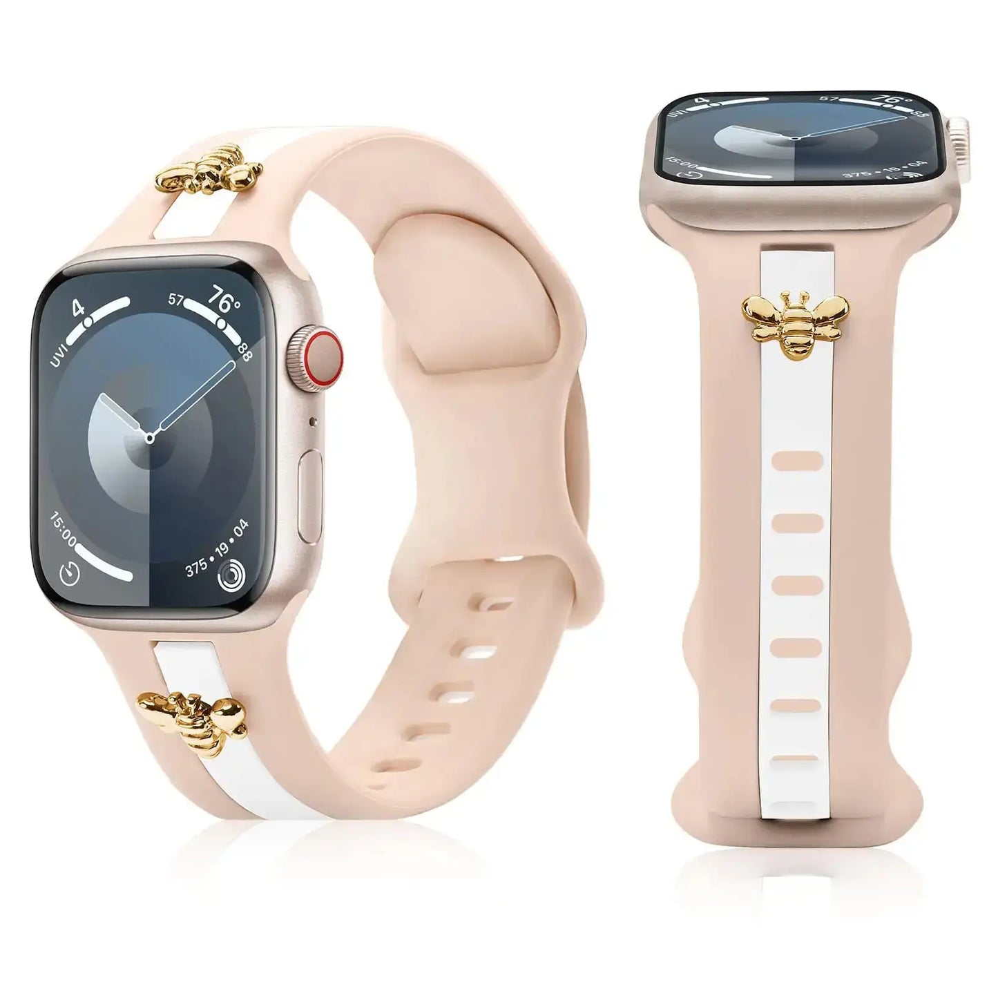 Silicone Strap for Apple Watch Bands 40mm 38mm 41mm, Stylish Bracelet with Gold Honey Bee Charms for iWatch Series 10(42mm) 9 8 7 6 5 4 3 SE, Designer Sport Wristbands for Apple Watch Bands Gray White IllumiWave