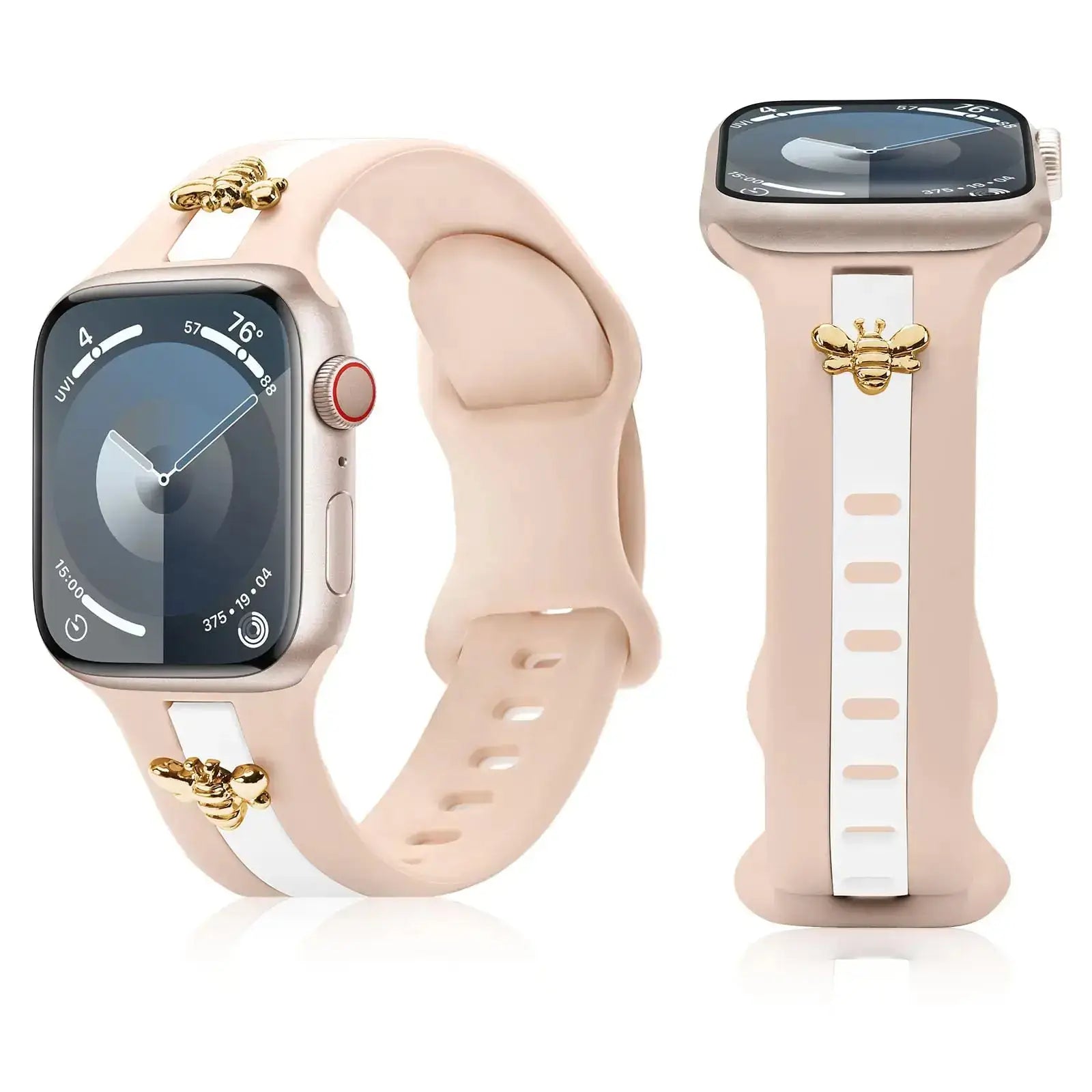 Silicone Strap for Apple Watch Bands 40mm 38mm 41mm, Stylish Bracelet with Gold Honey Bee Charms for iWatch Series 10(42mm) 9 8 7 6 5 4 3 SE, Designer Sport Wristbands for Apple Watch Bands Gray White IllumiWave