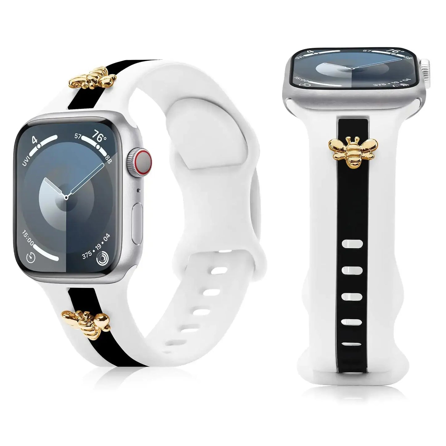 Silicone Strap for Apple Watch Bands 40mm 38mm 41mm, Stylish Bracelet with Gold Honey Bee Charms for iWatch Series 10(42mm) 9 8 7 6 5 4 3 SE, Designer Sport Wristbands for Apple Watch Bands Gray White IllumiWave