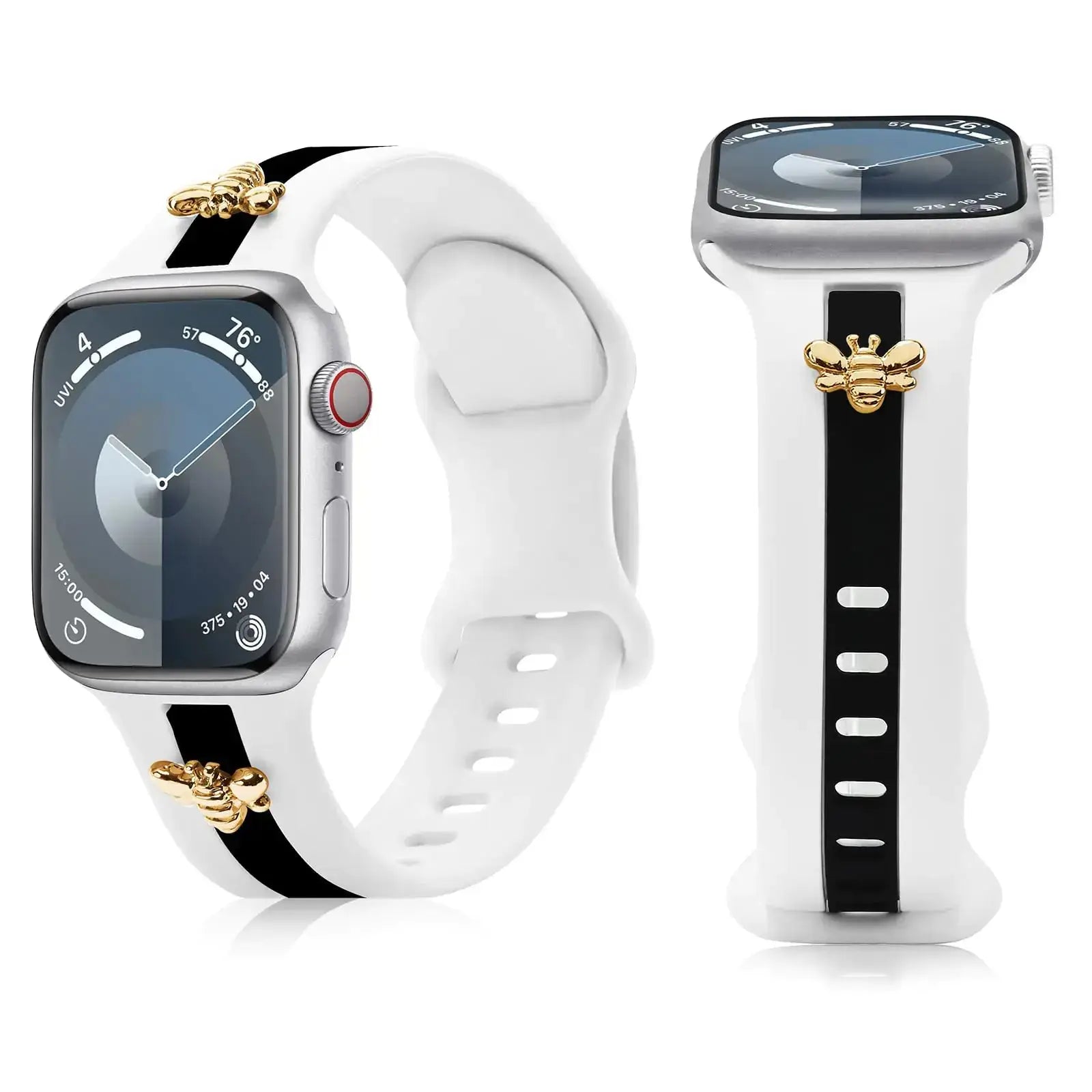 Silicone Strap for Apple Watch Bands 40mm 38mm 41mm, Stylish Bracelet with Gold Honey Bee Charms for iWatch Series 10(42mm) 9 8 7 6 5 4 3 SE, Designer Sport Wristbands for Apple Watch Bands Gray White IllumiWave