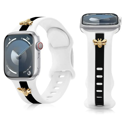 Silicone Strap for Apple Watch Bands 40mm 38mm 41mm, Stylish Bracelet with Gold Honey Bee Charms for iWatch Series 10(42mm) 9 8 7 6 5 4 3 SE, Designer Sport Wristbands for Apple Watch Bands Gray White IllumiWave