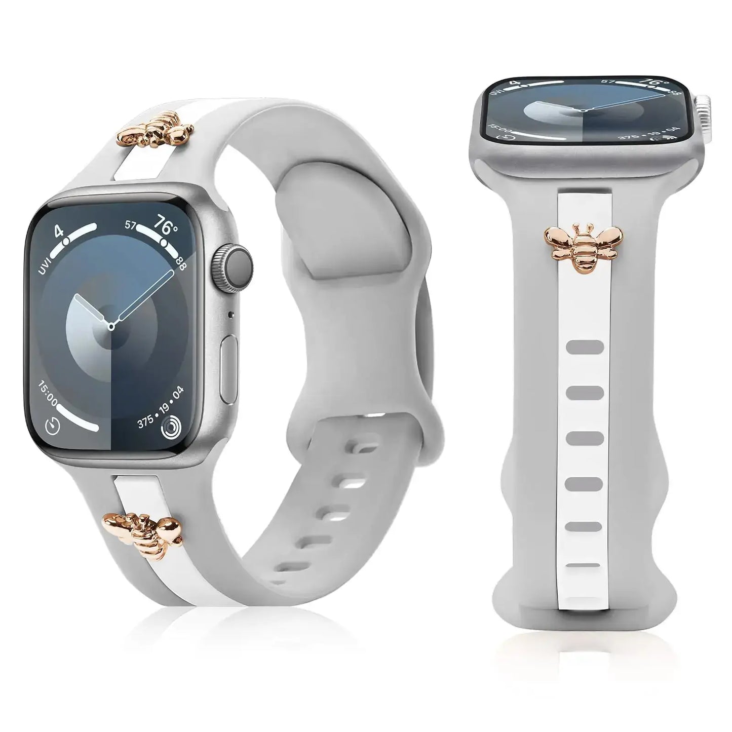 Silicone Strap for Apple Watch Bands 40mm 38mm 41mm, Stylish Bracelet with Gold Honey Bee Charms for iWatch Series 10(42mm) 9 8 7 6 5 4 3 SE, Designer Sport Wristbands for Apple Watch Bands Gray White IllumiWave